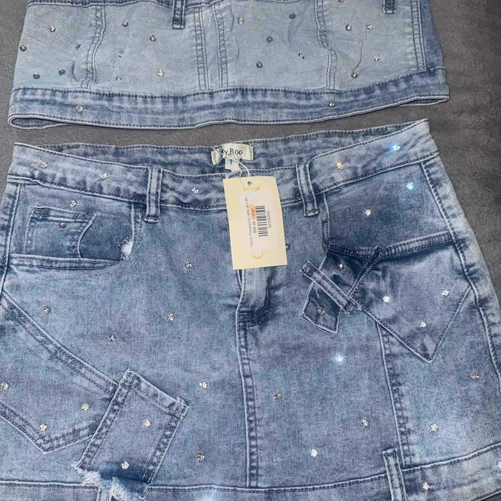 Embellished Denim 2 Piece Skirt Set